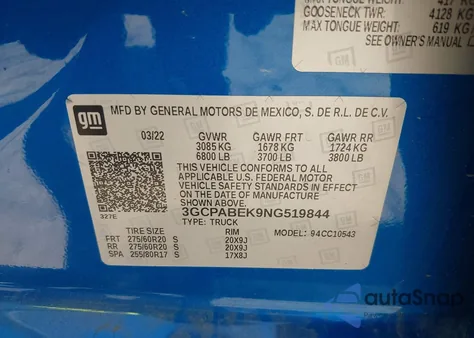 2022 Chevrolet Silverado 1500 2Wd Short Bed Custom z USA, uszkodzony, nr VIN 3GCPABEK9NG519844